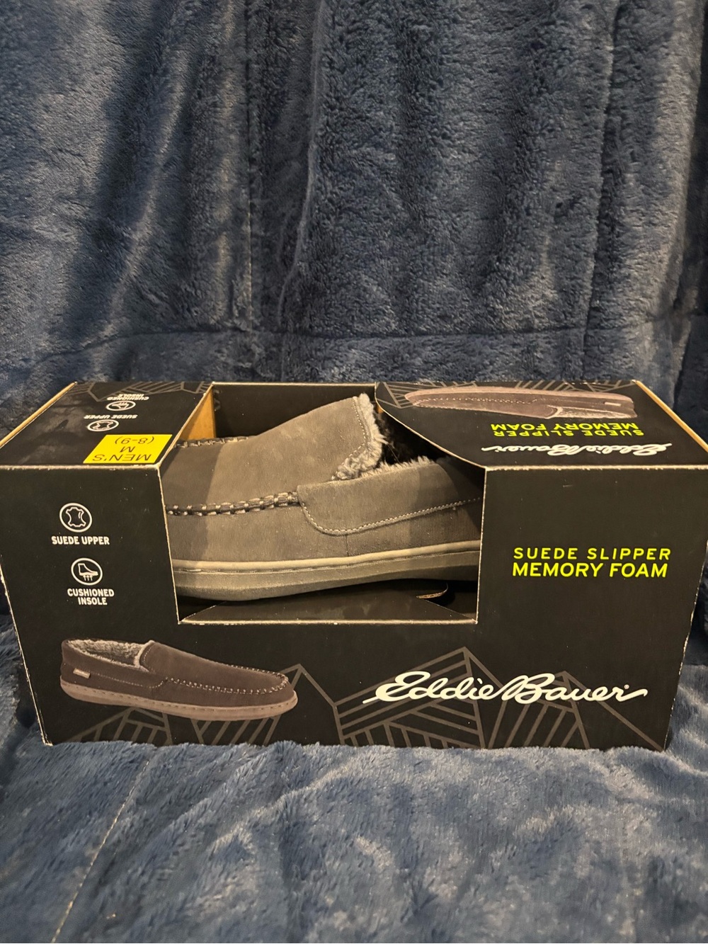 Eddie Bauer Men Suede Memory Foam Slippers Medium Gray New In Box